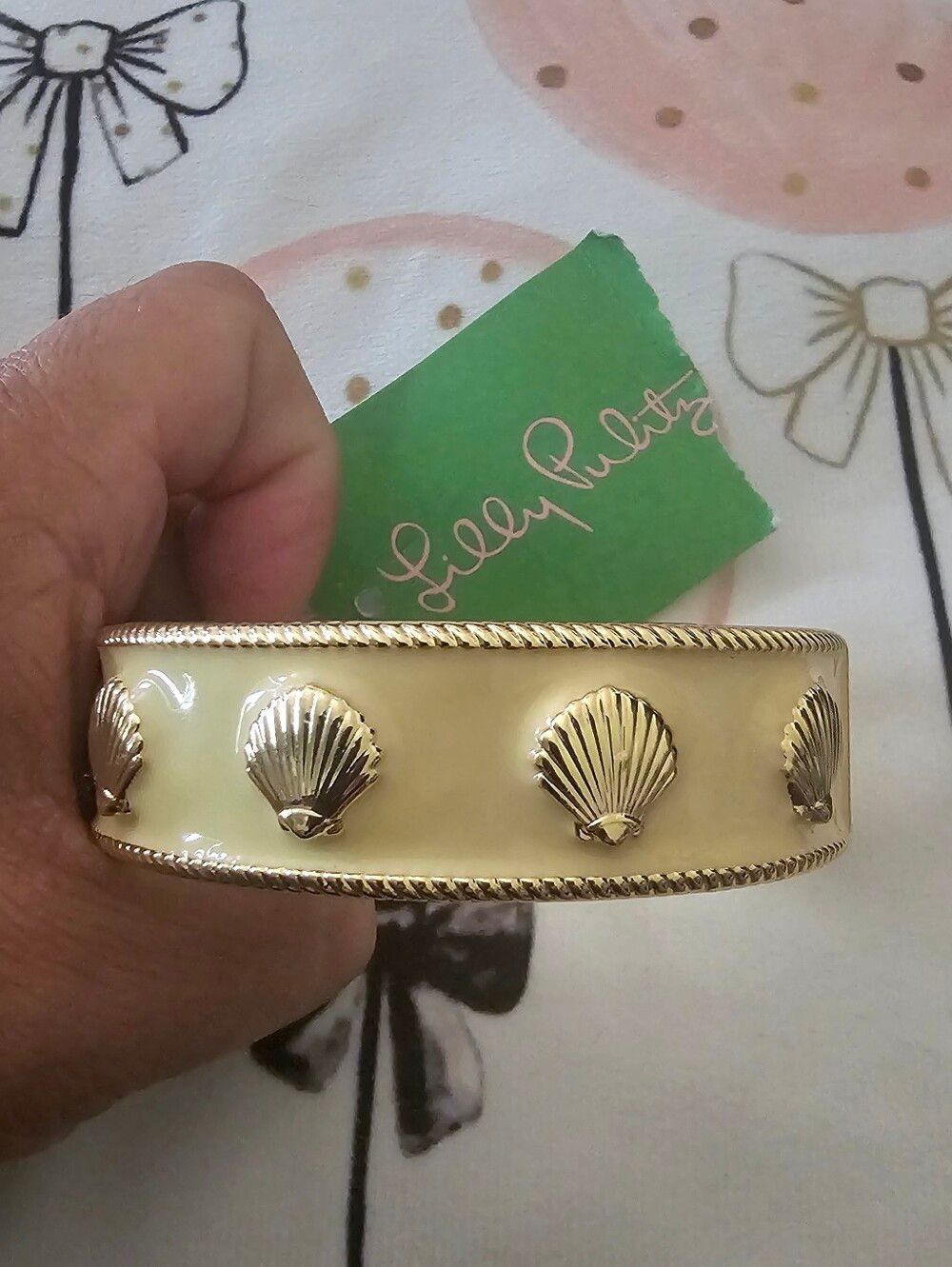 Lilly Pulitzer Cream Enamel Bangle with Gold Shell Accents